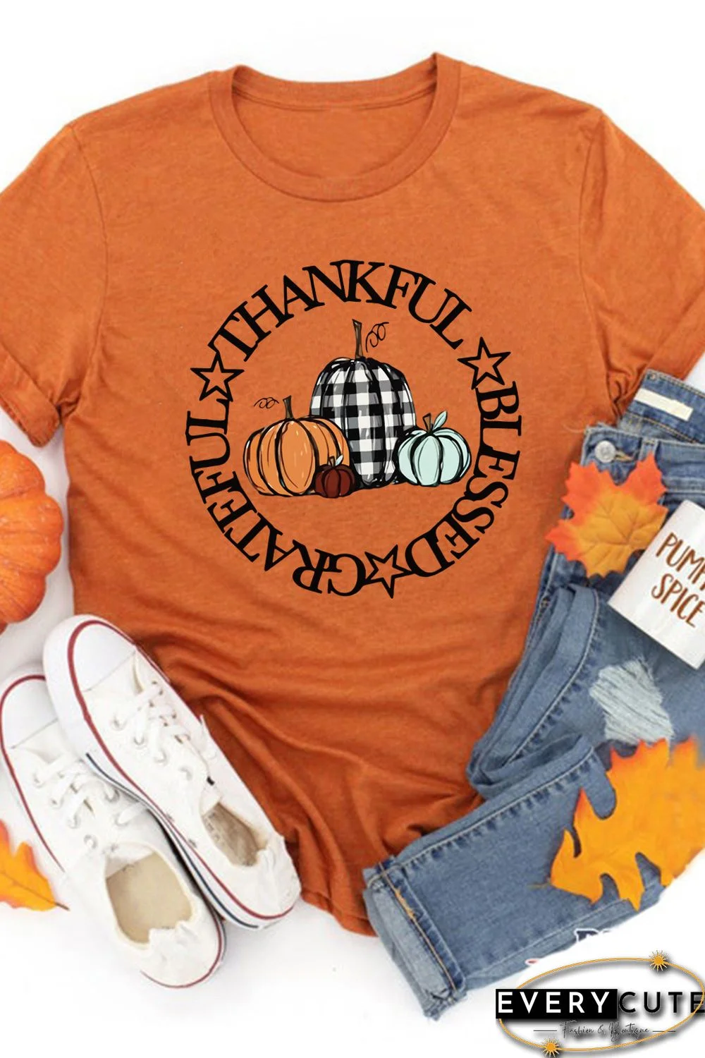 Orange Thankful Blessed Grateful Pumpkin Print Graphic T Shirt