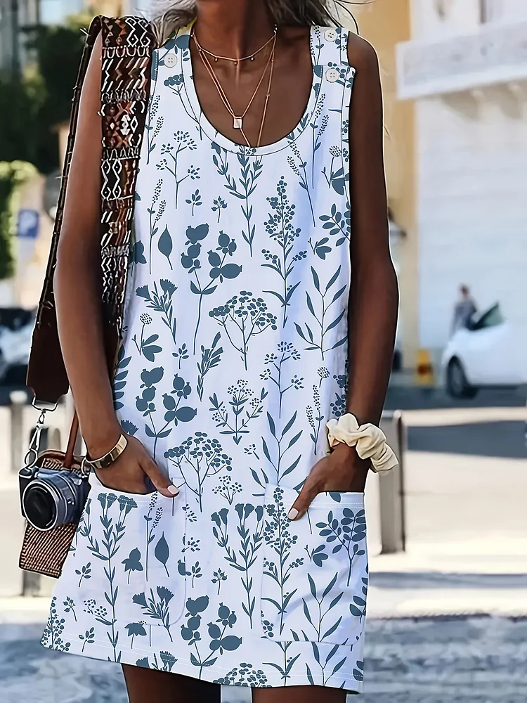 Floral Print Pocket Patched Dress, Casual Crew Neck Tank Dress For Spring & Summer, Women's Clothing
