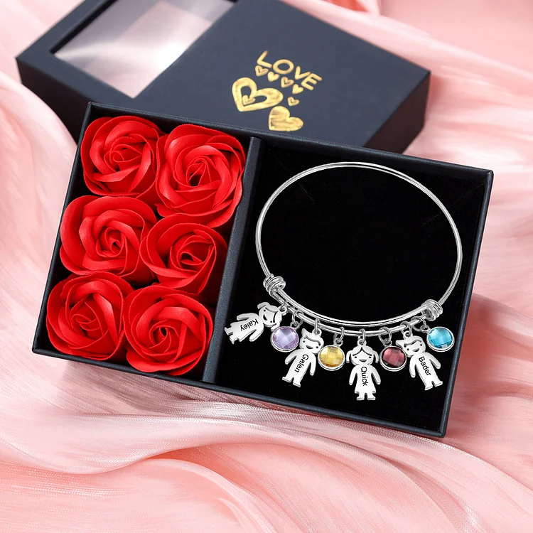 Bangle Bracelet with Kids Charms Persoanlized with 4 Birthstone Custom Bracelets Rose Box Set