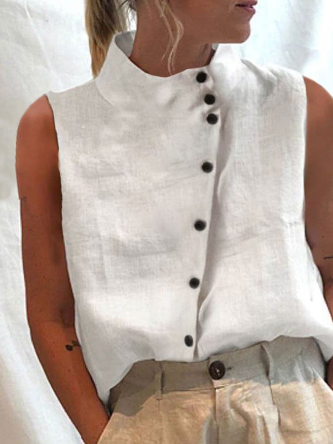 Women's Cotton Linen Turtleneck Sleeveless Shirt