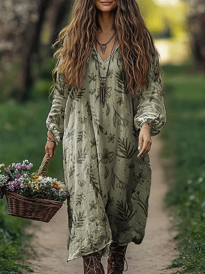 Women's Vintage Flowers Pattern Print Loose V Neck Pocket Cotton Dress
