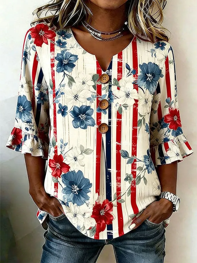 Women's Casual Retro Print Button-Up Shirt 