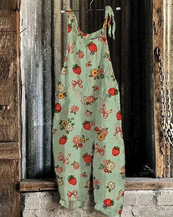 Retro Strawberry Bow Floral Print Casual Loose Jumpsuit