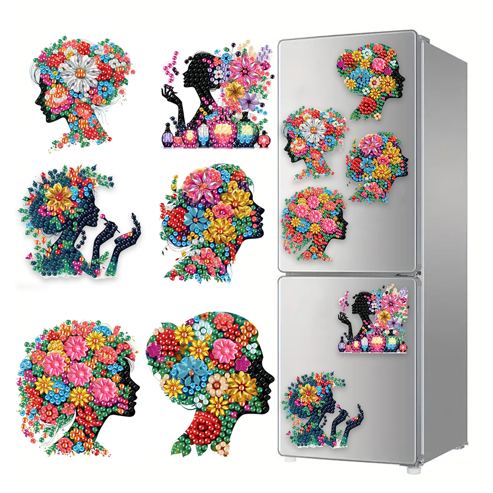6Pcs Acrylic Girl Silhouette DIY Diamond Painting Fridge Stickers for Home Decor