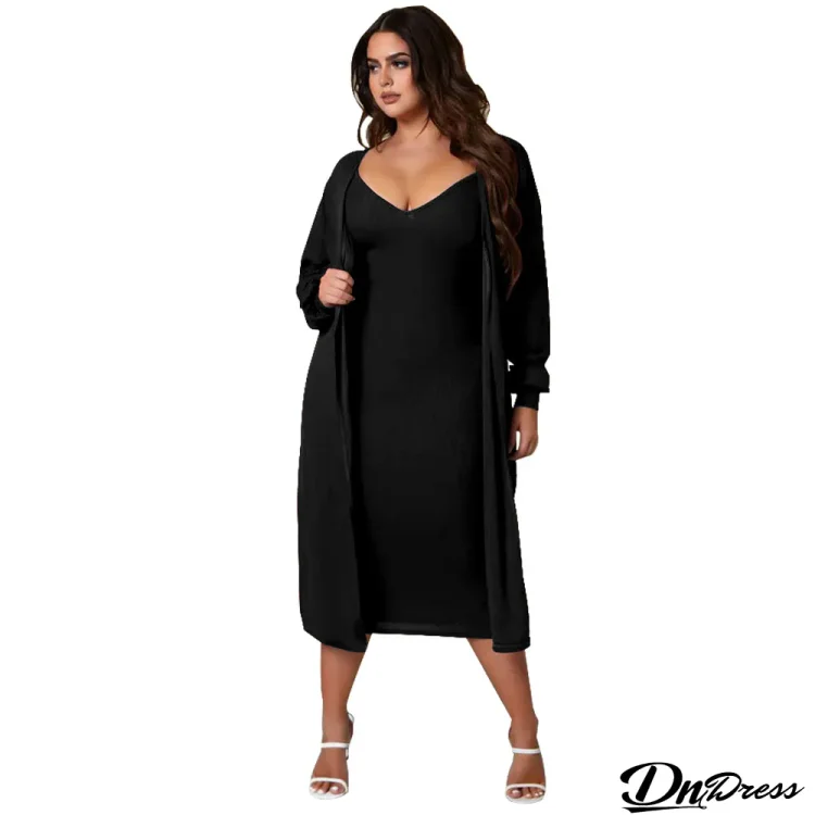 Women's Fall Ribbed V-Neck Long Sleeve Solid Casual two piece dress Suit