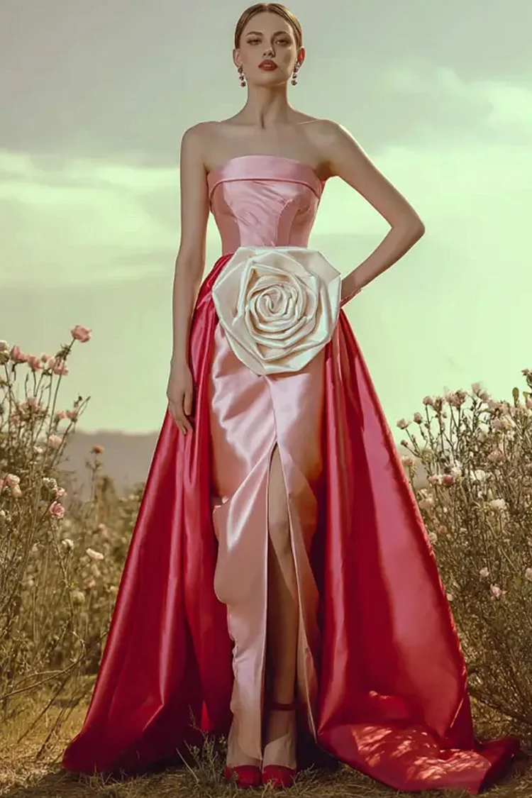 Strapless 3D Floral Slit Colorblock Satin Overskirt Maxi Dress-Pink [Custom-Made]