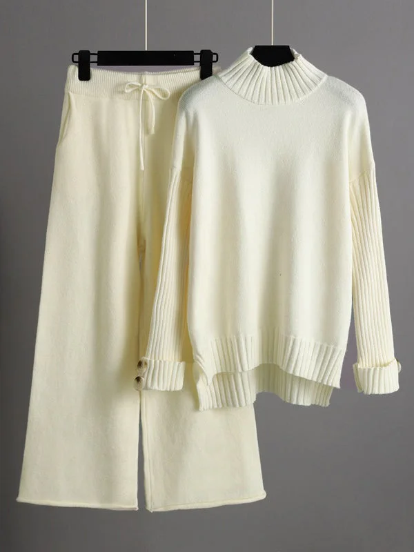 Urban Long Sleeves Solid Color Half Turtleneck Sweater Tops & Wide Leg Pants Two Pieces Set