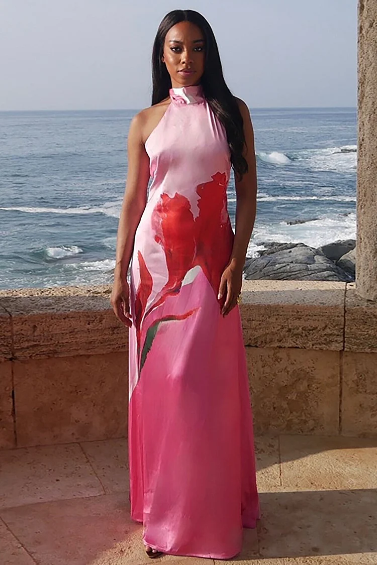 High Neck Halter Floral Print Colorblock Maxi Dresses-Pink