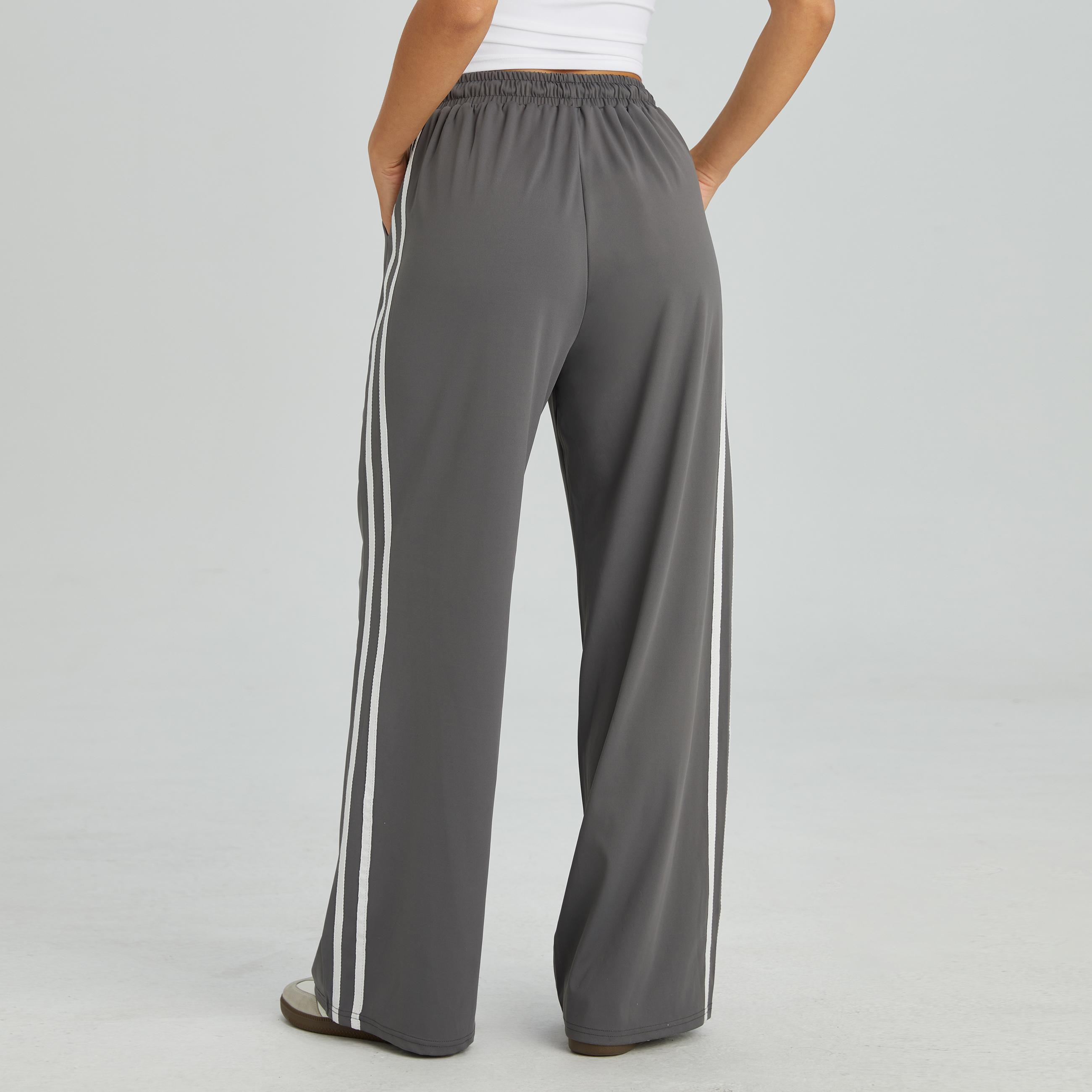 KatchMe Women's Casual High Waist Striped Wide Leg Trousers, Sporty Drawstring Waist Side Pocket Outfit, Minimalist Versatile Women's Bottom