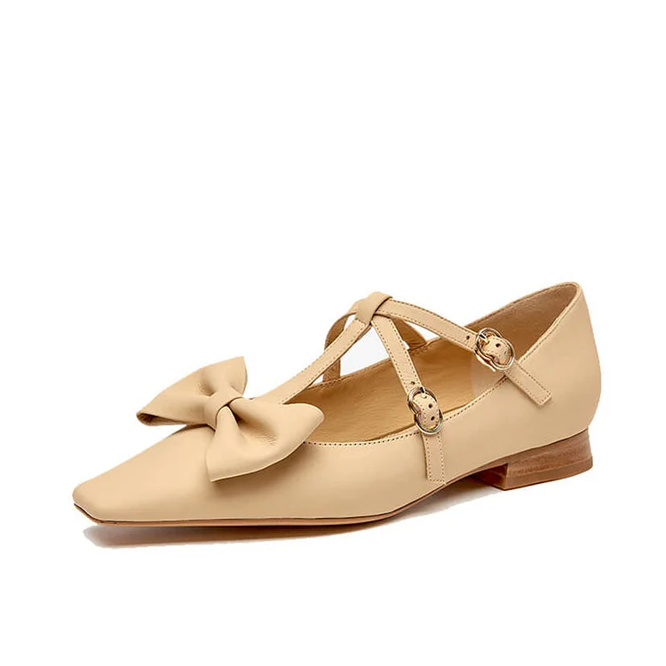 Nude Square Toe Bow Shoes Women's Classic Block Heel Summer Buckle Pumps |FSJ Shoes
