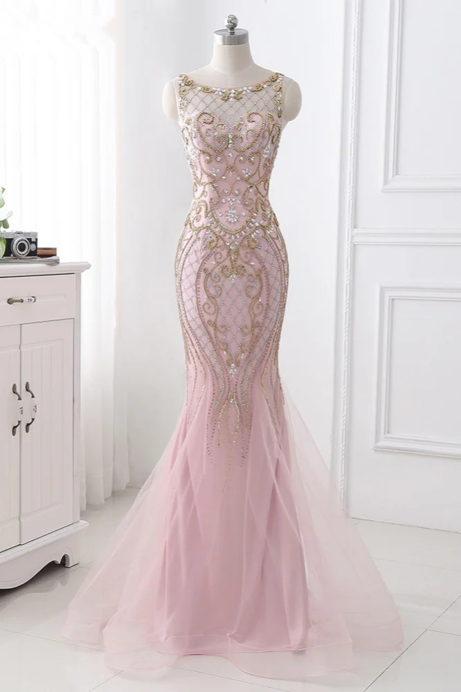 Daisda Pink Jewel Sleeveless Prom Dress Mermaid with Beadings Rhinestone