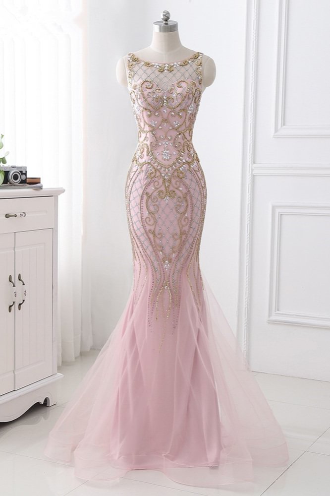 Daisda Pink Jewel Sleeveless Prom Dress Mermaid with Beadings Rhinestone Daisda