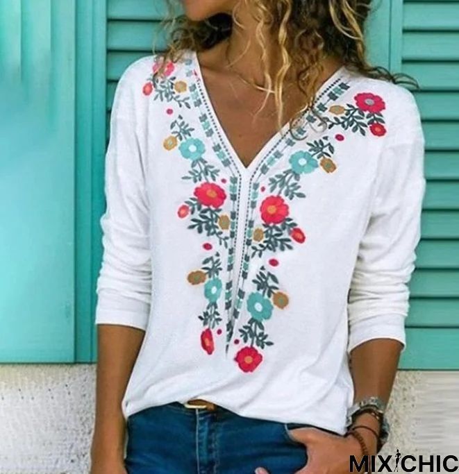 Floral  Half Sleeve  Printed  Cotton-blend  V neck  Vintage  Summer  White Top