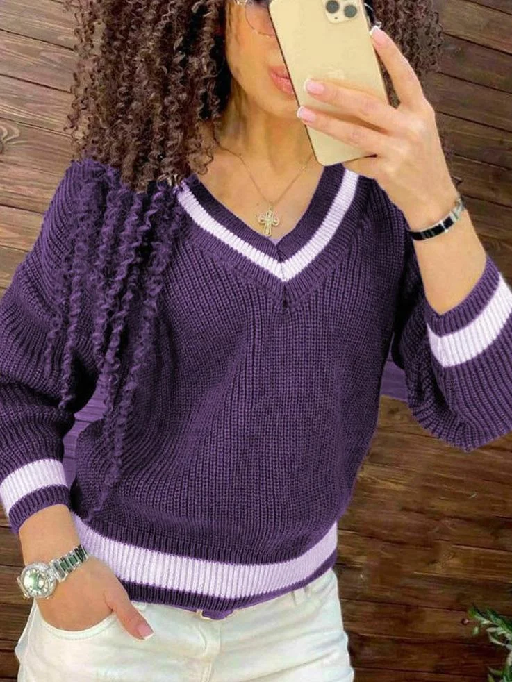 Women's Casual V-neck Pullover Long Sleeve Sweater  Top
