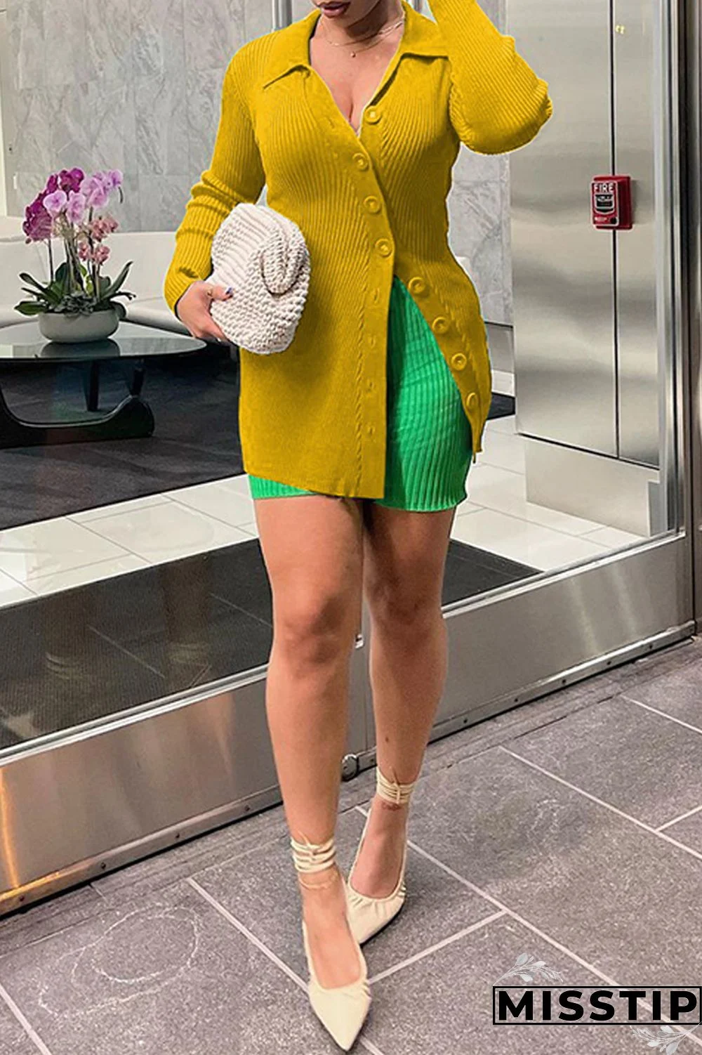 Earth Yellow Casual Solid Patchwork Buttons Turndown Collar Tops