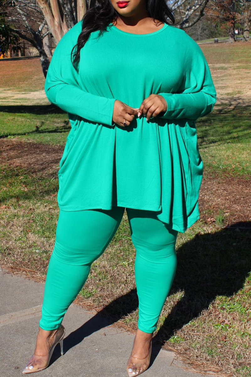 Cyan Casual Solid Patchwork O Neck Plus Size Two Pieces | EGEMISS