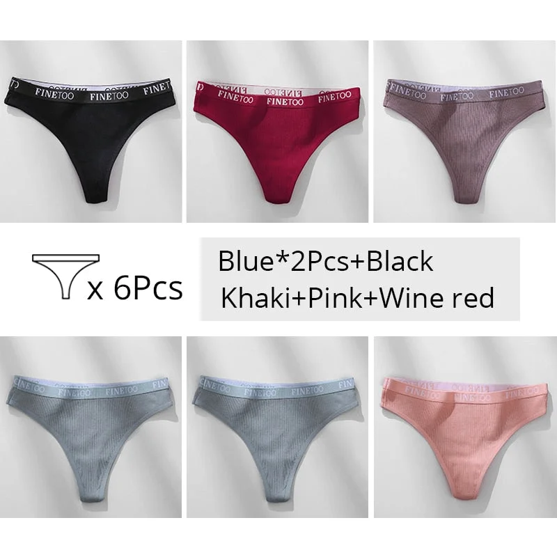 FINETOO Trendy Letter Thongs Cotton G-string Underwear M-XL Girls Bikini Underpants Comfortable Thong Panties 6Pcs Female Panty