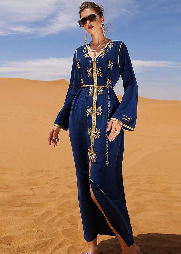 VCSHOES Blue Patchwork Sashes Zircon Long Dress Long Sleeve
