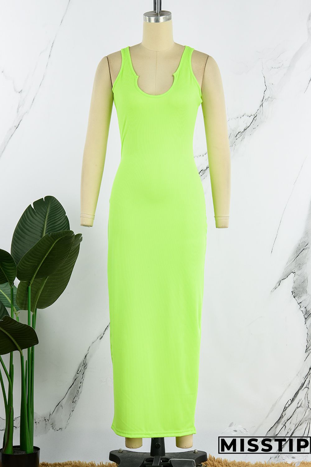 Fluorescent Green Sexy Solid Basic U Neck Vest Dress Dresses