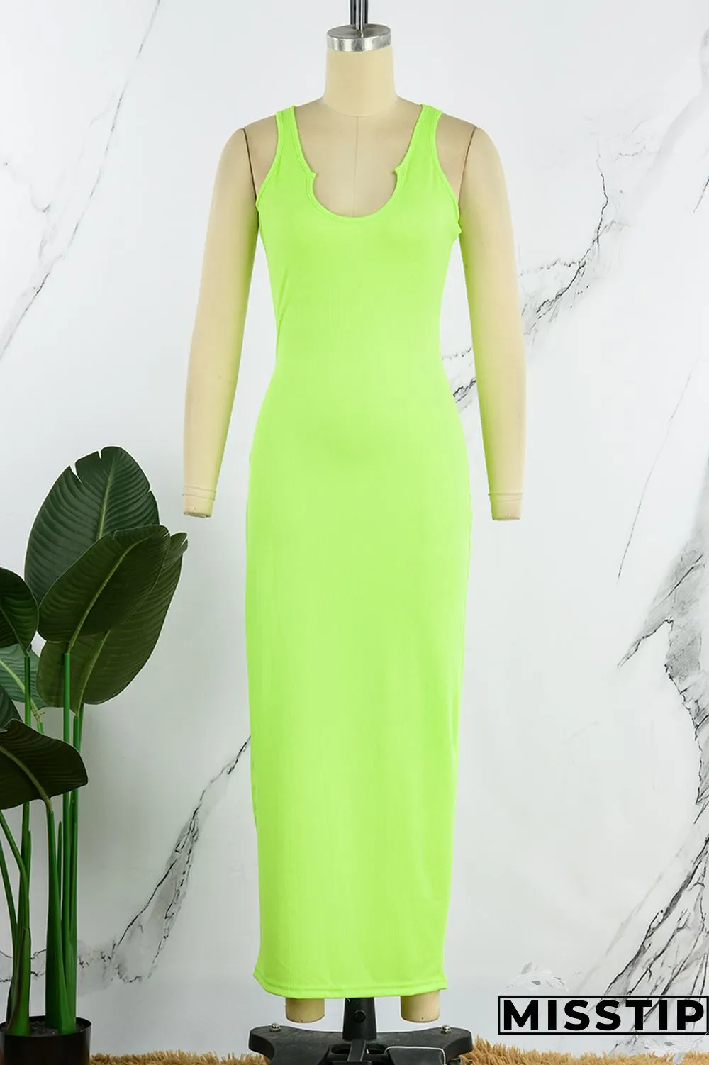Fluorescent Green Sexy Solid Basic U Neck Vest Dress Dresses
