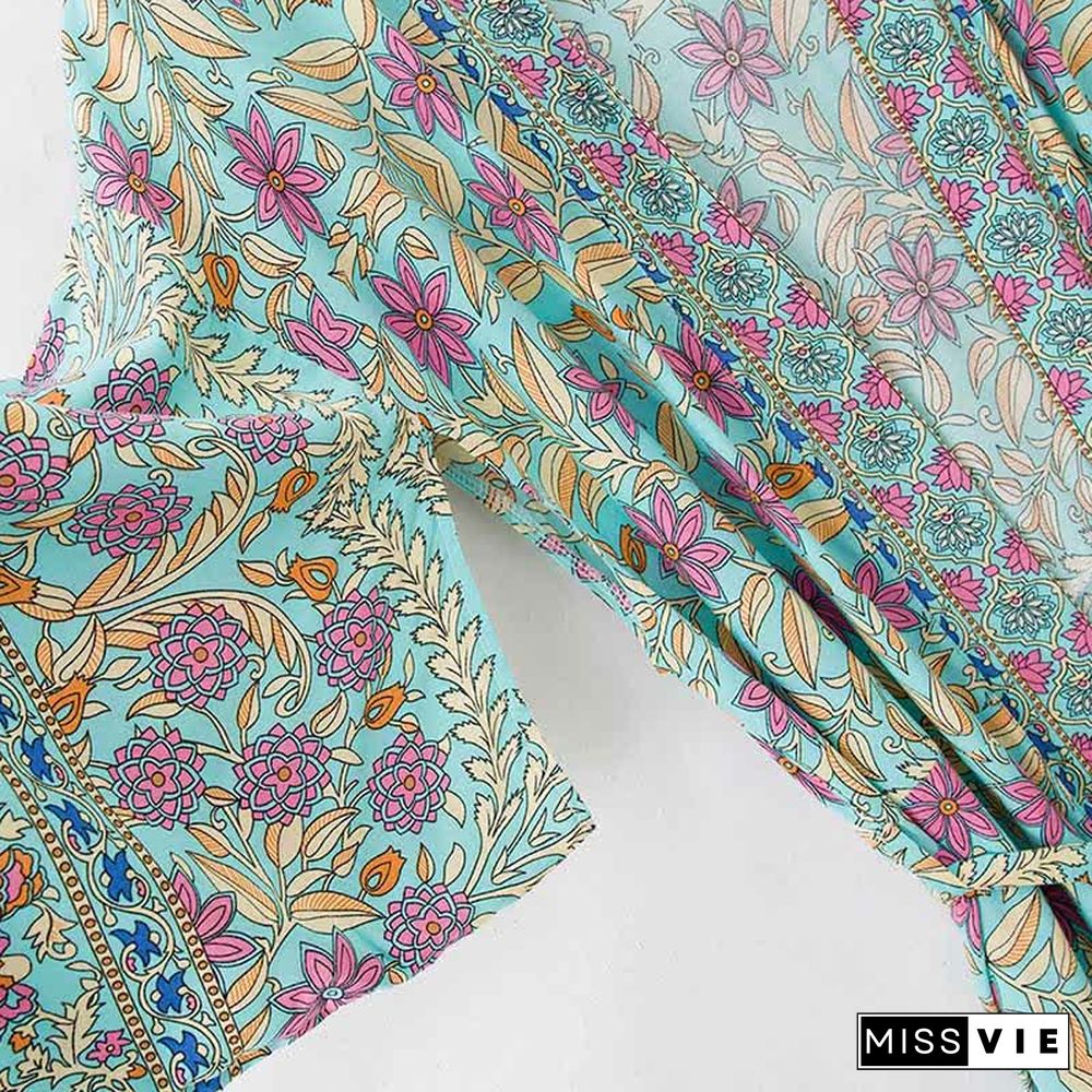 Boho Floral Print Belt Robe Long Cardigan Kimono Outerwear