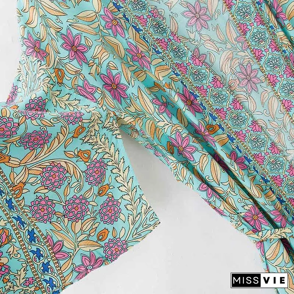 Boho Floral Print Belt Robe Long Cardigan Kimono Outerwear