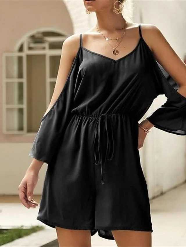 Women's Romper Lace up High Waist Solid Color V Neck Active Daily Vacation Loose Fit Spaghetti Strap Black Wine Blue S M L Spring | IFYHOME