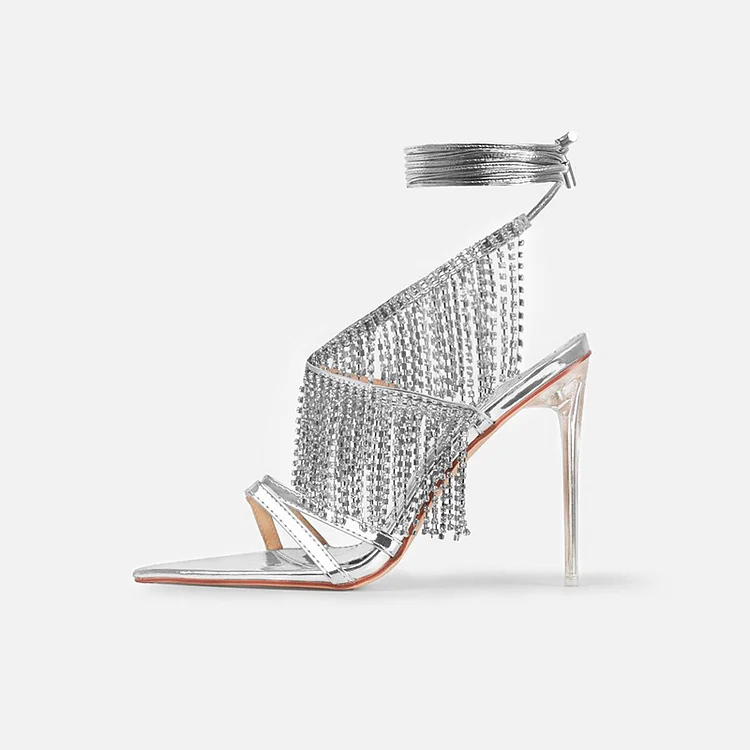 Silver Rhinestones Stiletto Heels Pointed Fringe Shoes Wrap Sandals |FSJ Shoes