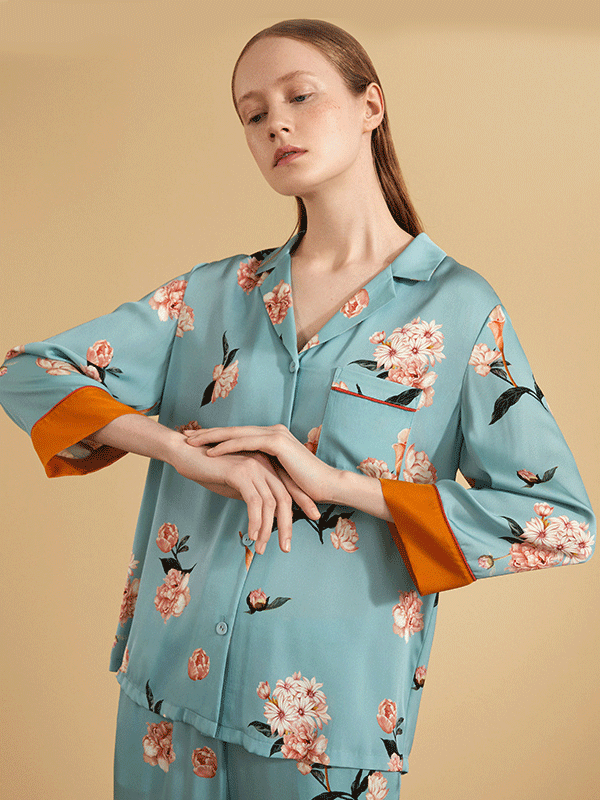 25 Momme High Quality Vintage Collection Contrast Color Silk Pajamas Set-Real Silk Life