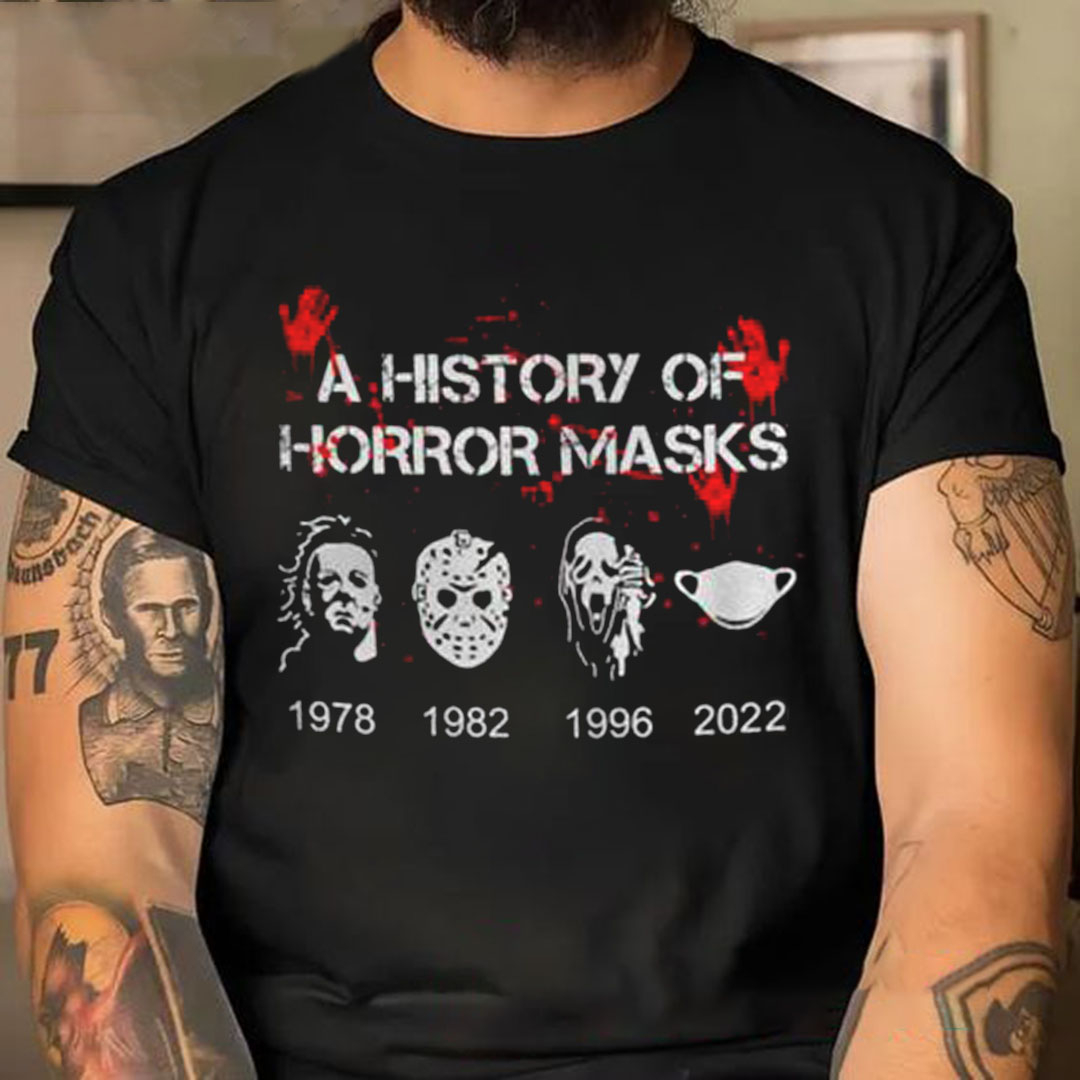 History of Horror Masks 1978 1982 1996 2022 Printed Men's T-Shirts