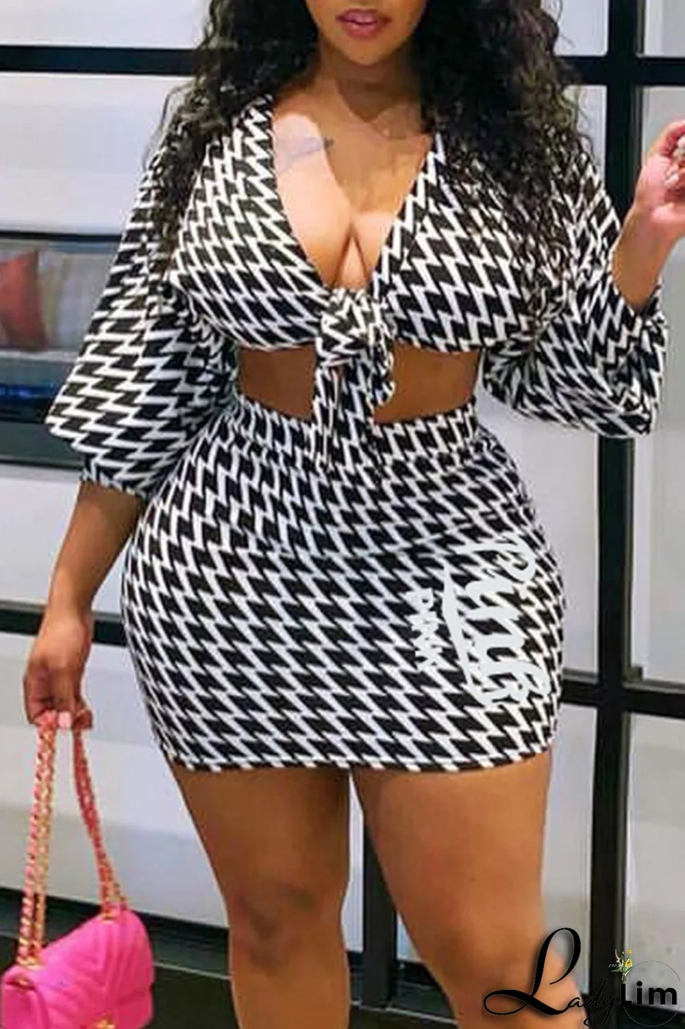 Black Sexy Print Patchwork V Neck Plus Size Two Pieces