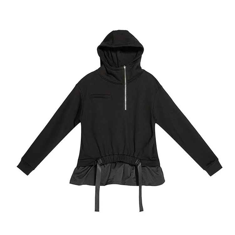 Fashion Loose Black Hoooded Spliced Zipper Patchwork Ruffled Hem Long Sleeve Sweatshirt     