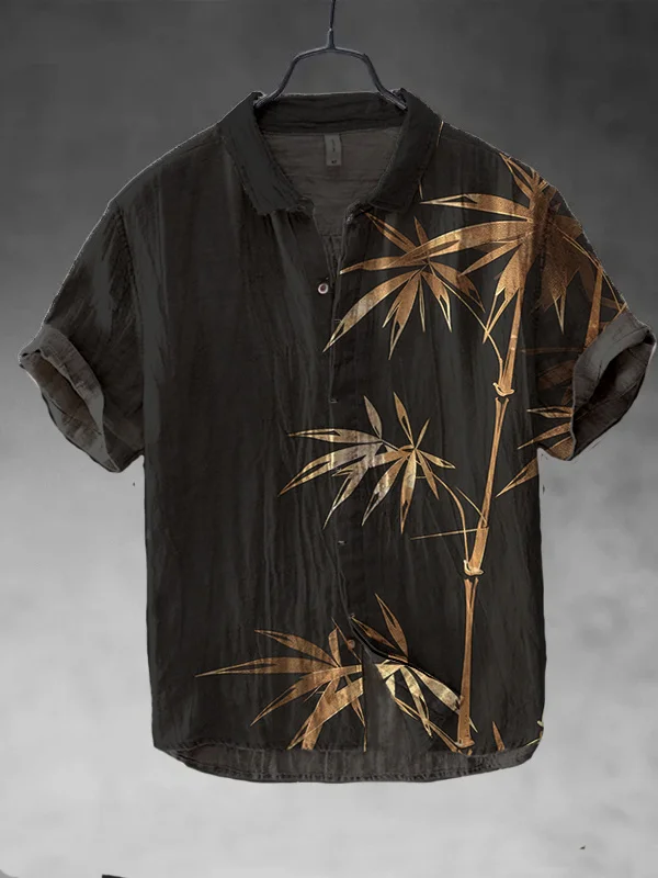 Men's Japanese Art Vintage Bamboo Print Short Sleeve Shirt