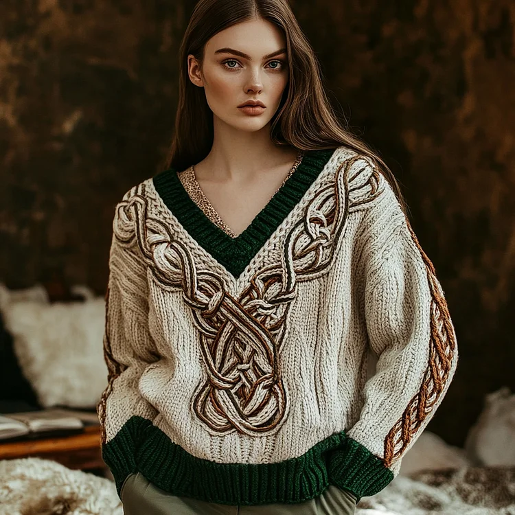 Women's Irish Celtic Knot Jacquard V-neck Sweater