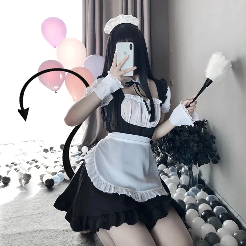 Sexy Cute Lace Up Black and White Maid Dress Role Play Costume Transparent Chiffon Cosplay Anime Uniform Temptation Suit 0613