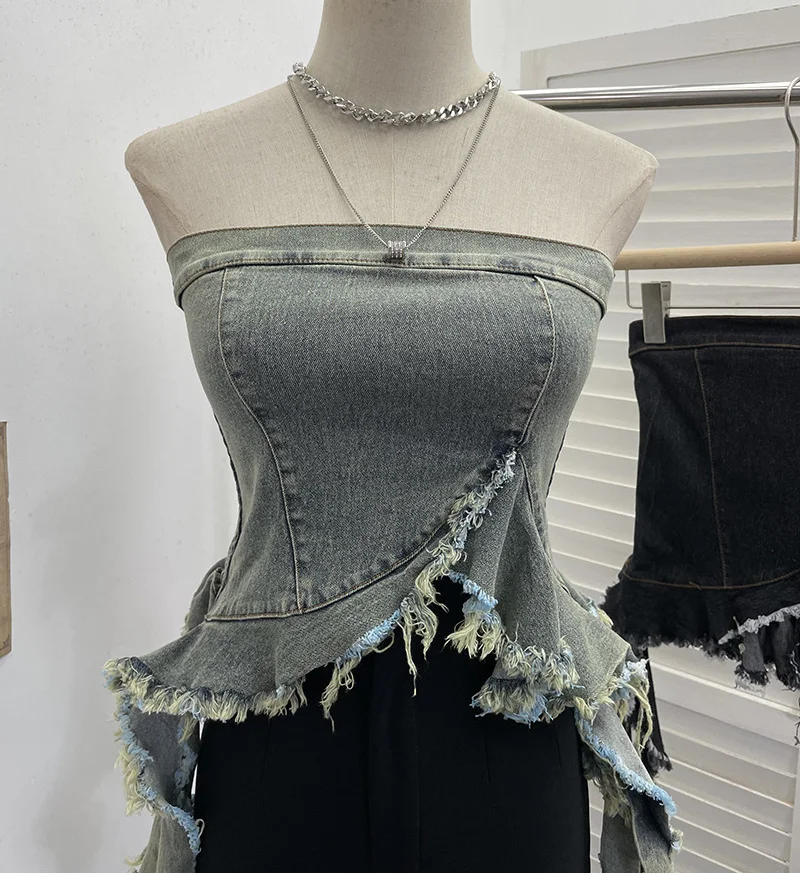 Nigikala Nigikala Shooting Spice Girls Irregularly Brush Chest To Make Old Hair Edge Open Short Sleeveless Top Sling Sling Vest 2716