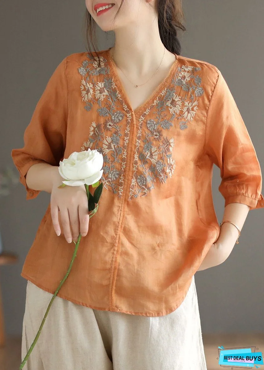 Plus Size Orange V Neck Embroideried Linen Blouse Top Half Sleeve
