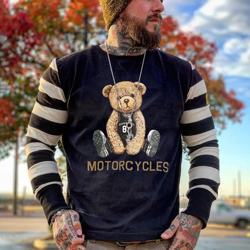 Motorcycle bear print black and white striped long-sleeved T-shirt