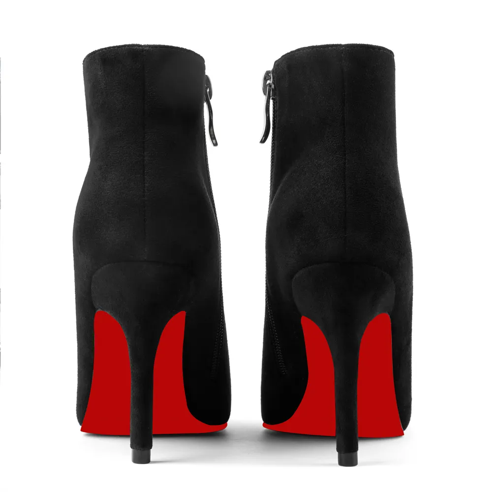 90mm Women's Ankle Boots Closed Pointed Toe Red Bottom Stilettos Croc/Suede Booties-vocosishoes