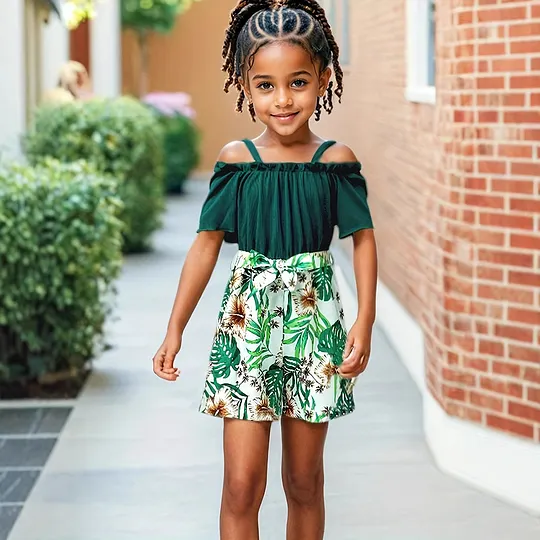 【1Y-8Y】2-piece Girls Green Floral Jumpsuit