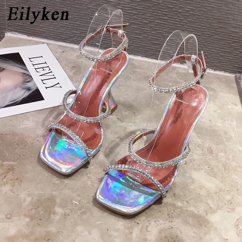 Eilyken New Design Square Toe Sandals Fashion Crystal Diamond PU Leather Ankle Buckle Strap Strange Heels Shoes Woman Summer