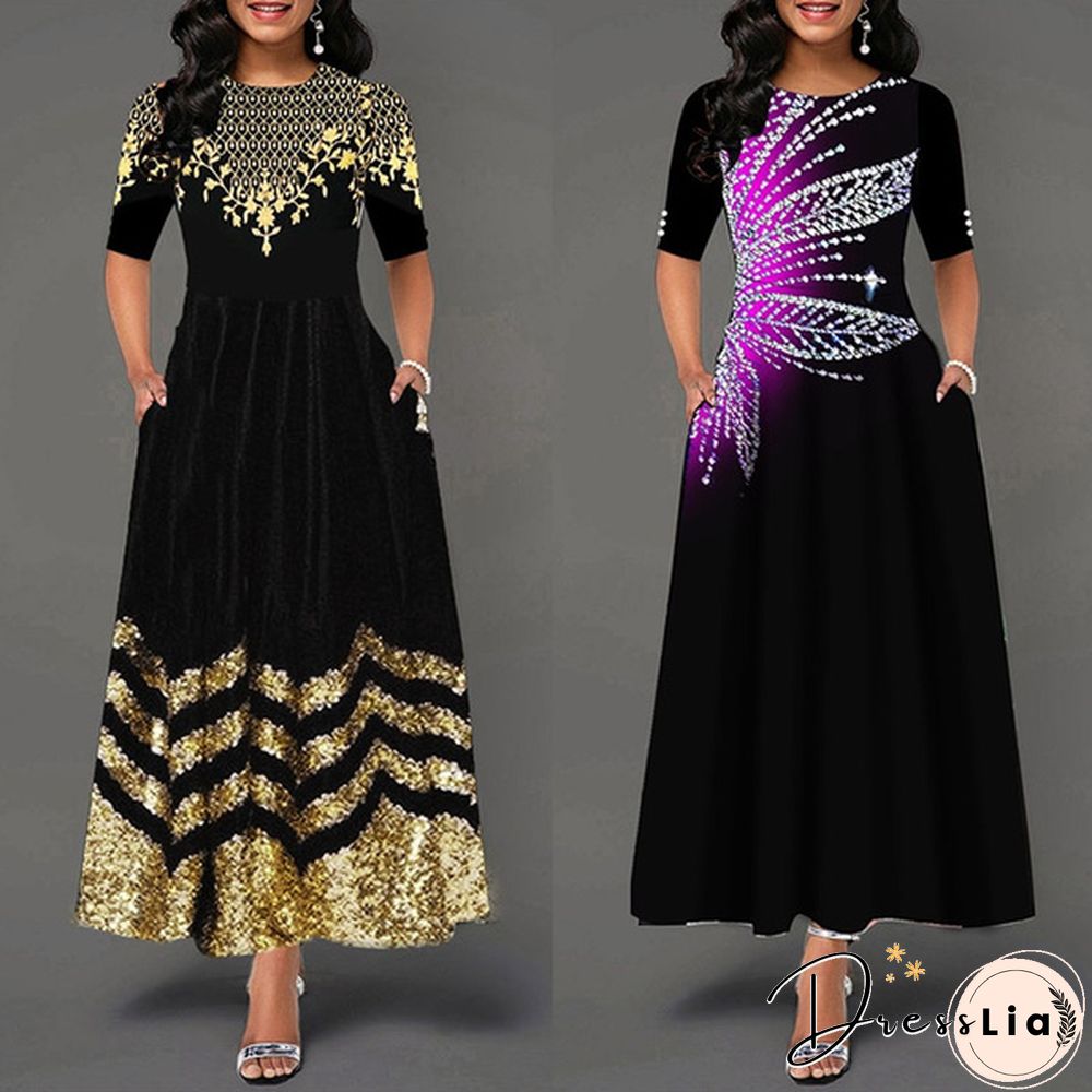 Women Button Detail Half Sleeve Floral Print Long Dress Gradient Maxi Dress