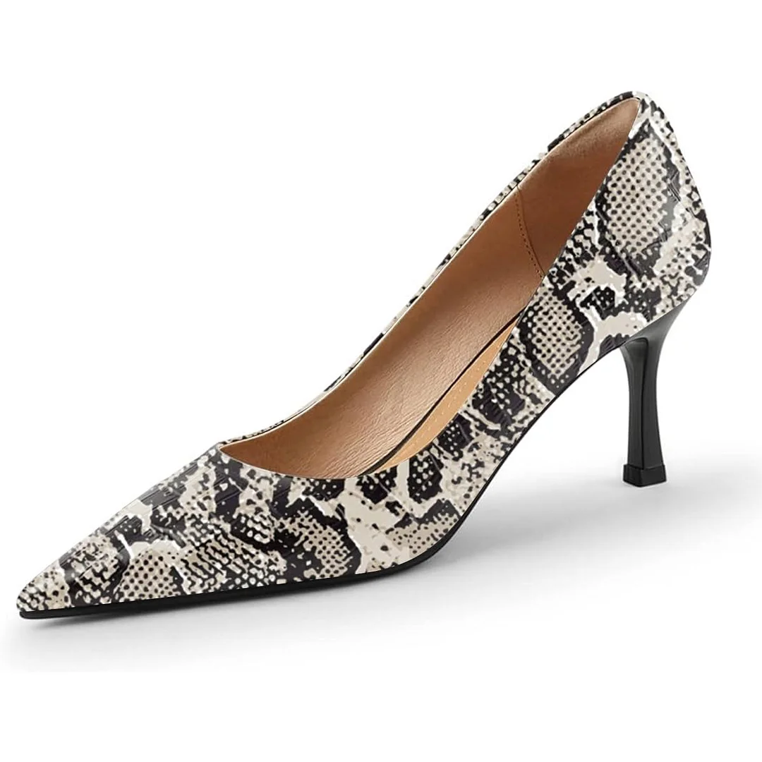 Women s Snake Skin Vegan Leather Pointed Kitten Heel Pumps in Gray