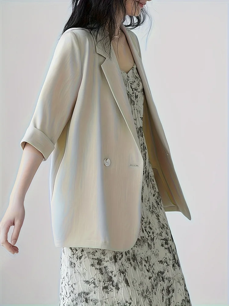 Women's Lightweight Summer Blazer - Casual Short Sleeve Button Front, Beige, Petite Size Suitable For Commuting And Casual Attire | Slim Fit With Notch Collar Design