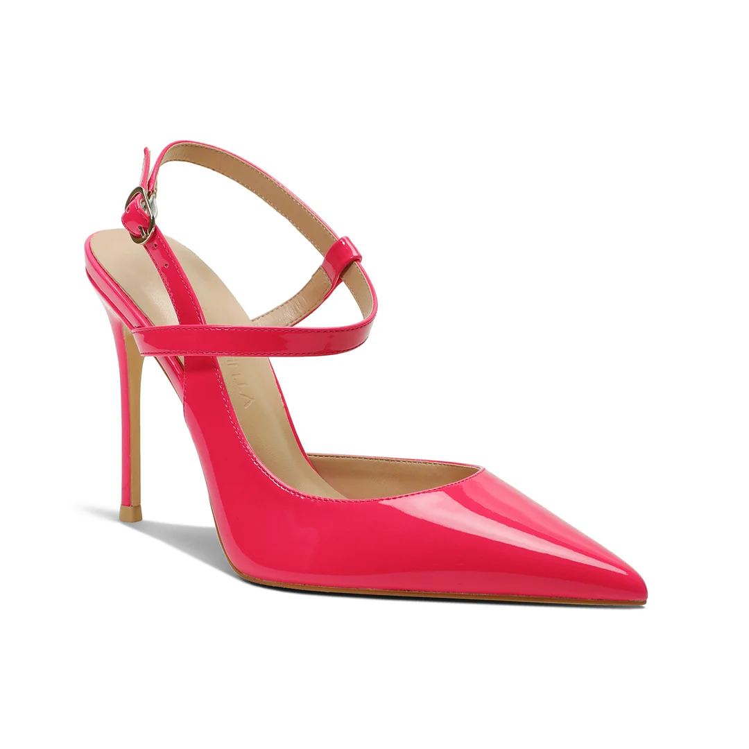 100mm Women Slingback Pumps Ankle Strap Jenlove Stiletto Mid Heel Close Pointed Toe Dress Shoes-MERUMOTE