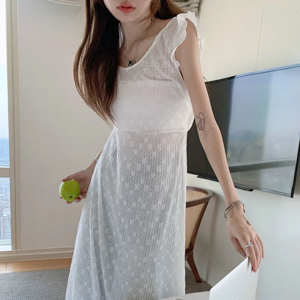 huibahe Korean Series Folded Long T-shirt Women Summer Sleeveless Backless Perspective T-shirt Design Chic Casual White Lace Top