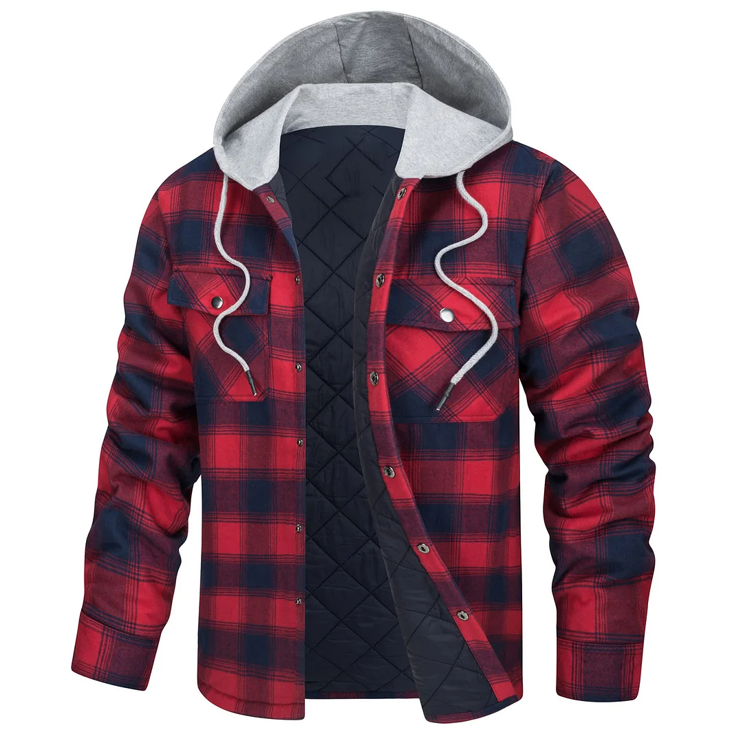 Men's Plaid Hoodie Jacket Long Sleeve Hooded Warm Single Breasted Jacket