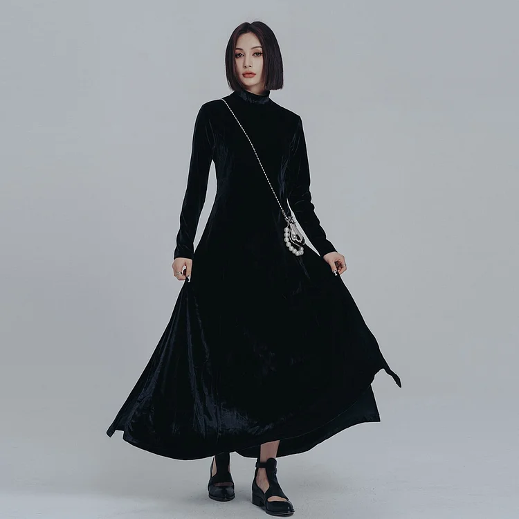 Elegant Solid Color Stand Collar Long Sleeve Big Hem Velvet Dress 