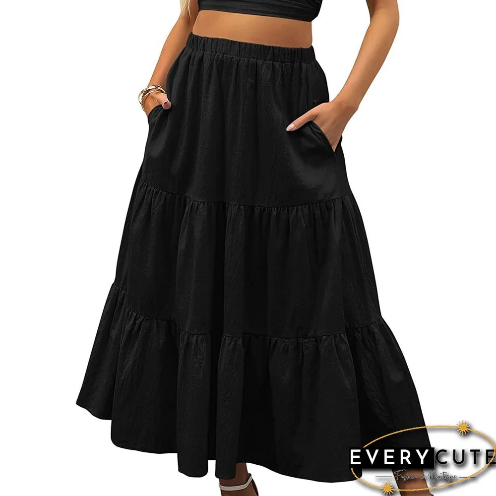 Black Cotton Blend Swing Maxi Skirt with Pockets