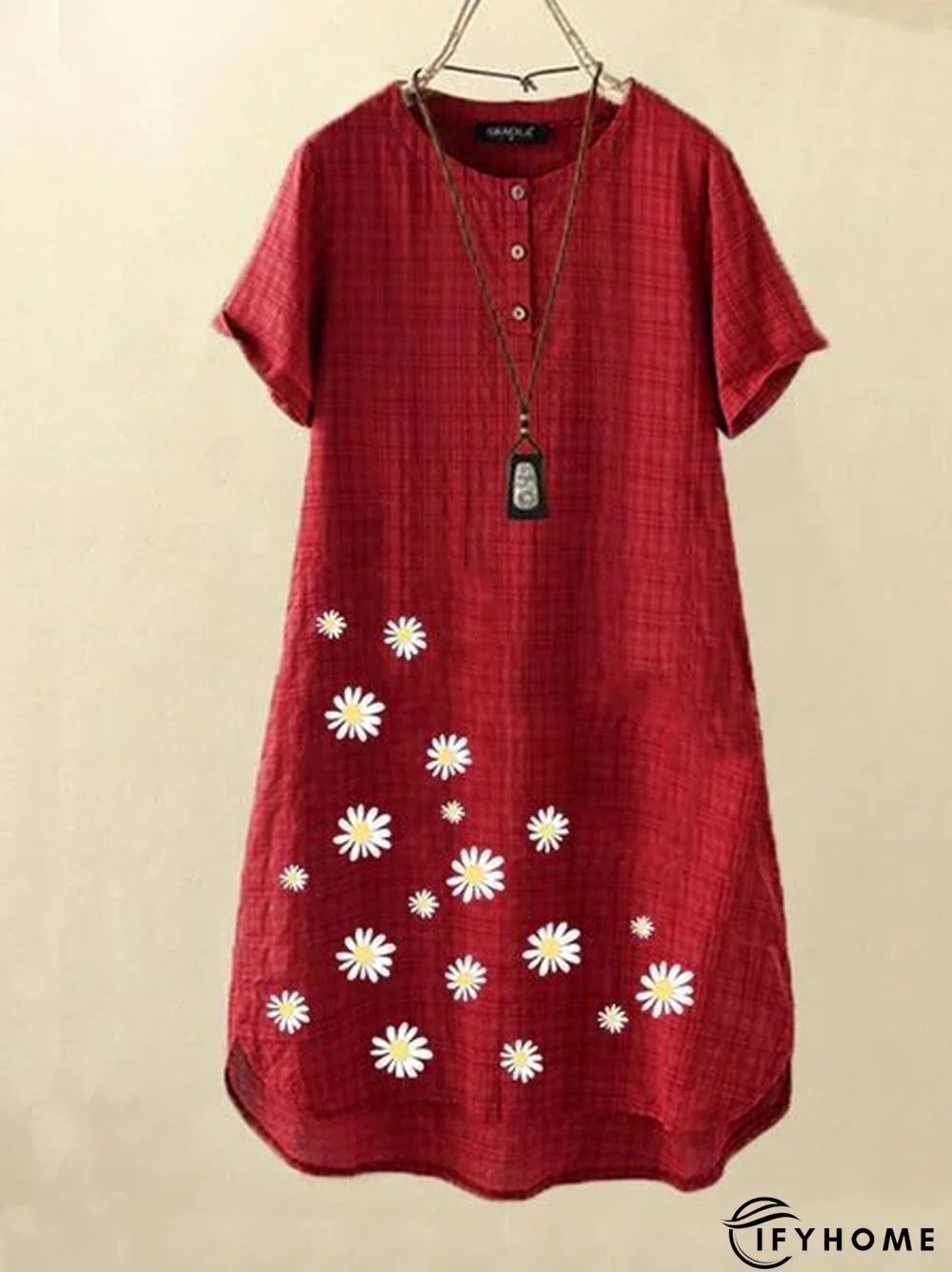 Fuchsia Round Neck Floral Casual Cotton Weaving Dress | IFYHOME